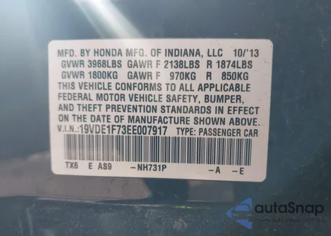 2014 Acura Ilx 2.0L из США, поврежденный, VIN 19VDE1F73EE007917